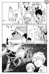  1girl 4boys banana_peel comic fate/grand_order fate_(series) fujimaru_ritsuka_(male) gagaga_chiko glasses greyscale highres mash_kyrielight monochrome multiple_boys open_mouth short_hair translation_request 