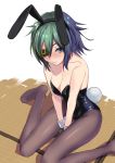  1girl animal_ears between_legs black_leotard blue_eyes blush breasts bunny_tail bunnysuit cleavage closed_mouth collarbone commentary_request embarrassed eyepatch fake_animal_ears fake_tail gloves green_hair grey_gloves hand_between_legs highres kantai_collection kiso_(kantai_collection) leotard masukuza_j medium_breasts nose_blush pantyhose rabbit_ears remodel_(kantai_collection) short_hair sitting solo tail wariza wrist_cuffs 