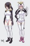  2girls :3 animal_costume artist_name black_eyes black_footwear black_hair boots breasts commentary_request earmuffs emperor_penguin_(kemono_friends) fkey grey_background hair_over_one_eye hand_on_hip hand_up highres jacket kemono_friends large_breasts low_twintails multicolored_hair multiple_girls orange_hair penguin_costume pink_footwear pink_hair red_eyes royal_penguin_(kemono_friends) simple_background smile streaked_hair thigh-highs twintails white_hair white_legwear 