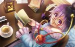  1girl blouse blue_blouse blurry book book_stack candle chair cup depth_of_field dutch_angle eyebrows_visible_through_hair from_above glasses hair_between_eyes hexagram hipunosu_(fjtsh890) inkwell komeiji_satori lavender_hair looking_at_viewer looking_up open_book parted_lips quill red-framed_eyewear rug saucer semi-rimless_eyewear short_hair sitting solo spoon table teacup third_eye touhou under-rim_eyewear upper_body violet_eyes wooden_floor 
