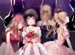  4girls arm_strap backless_outfit black_hair black_ribbon blonde_hair blue_eyes bouquet breasts brown_eyes brown_flower brown_hair cleavage closed_eyes collarbone crown crying crying_with_eyes_open dress ebato_sanae floating_hair flower grey_eyes hair_ribbon highres holding holding_bouquet kamomebata_noriko kuzu_no_honkai leg_ribbon long_hair looking_at_viewer looking_up makoji_(yomogi) medium_breasts minagawa_akane mini_crown multiple_girls open-back_dress petals pink_dress ponytail red_dress red_flower ribbon short_hair sitting sleeveless strapless strapless_dress tears twintails very_long_hair white_dress white_ribbon yasuraoka_hanabi 