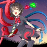  1girl ;d asymmetrical_wings black_hair black_legwear bow cowboy_shot gradient_ray grass houjuu_nue one_eye_closed open_mouth pointy_ears polearm red_eyes short_hair smile snake solo star thigh-highs touhou trident ufo weapon wings zettai_ryouiki 