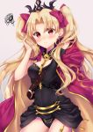  1girl asymmetrical_sleeves bangs beige_background between_breasts black_cape black_dress black_leotard blonde_hair buckle cape detached_collar dress earrings ereshkigal_(fate/grand_order) fate/grand_order fate_(series) fur-trimmed_cape fur_trim hand_in_hair infinity jewelry leotard long_hair multicolored multicolored_cape multicolored_clothes nazuna_shizuku necklace parted_bangs red_cape red_eyes red_ribbon ribbon single_sleeve skull spine tiara twintails two_side_up 