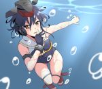  1girl air_bubble asymmetrical_hair black_hair black_swimsuit boots brown_eyes bubble crop_top framed_breasts freediving gloves hair_between_eyes hand_on_own_chin hat headphones high_heel_boots high_heels i-13_(kantai_collection) kagari_leroy kantai_collection open_toe_shoes partly_fingerless_gloves red_footwear sailor_collar school_swimsuit short_hair single_glove solo swimsuit underwater white_sailor_collar 