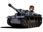  1girl animal_ears blonde_hair brown_eyes chibi ground_vehicle iiyatsu_(stormtrooperh) military military_vehicle motor_vehicle original short_hair simple_background sturmgeschutz_iii tank tank_destroyer white_background 