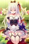  1girl animal_ears azur_lane bell blue_eyes blush cat_ears collar collarbone couch garter_belt hair_ribbon hammann_(azur_lane) kabocha_usagi long_hair looking_at_viewer maid open_mouth remodel_(azur_lane) ribbon shovel solo stuffed_toy tail tail_ribbon thigh-highs white_hair worktool 