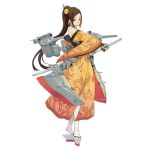  1girl brown_hair cannon closed_mouth cross cross_earrings earrings full_body hair_ornament holding holding_weapon japanese_clothes jewelry katana kimono long_hair looking_at_viewer machinery nagato_(victory_belles) official_art ponytail red_eyes salmon88 simple_background solo standing sword turret very_long_hair victory_belles weapon white_background yukata 