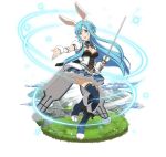  1girl animal_ears arm_strap asuna_(sao-alo) black_ribbon blue_footwear blue_hair blue_legwear blue_skirt breasts cleavage faux_figurine floating_hair full_body fur_trim holding holding_sword holding_weapon layered_skirt long_hair medium_breasts miniskirt neck_ribbon outstretched_arm pleated_skirt rabbit_ears ribbon simple_background skirt solo striped striped_ribbon sword sword_art_online thigh-highs very_long_hair weapon white_background wrist_cuffs 