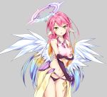  1girl angel_wings anger_vein blush breasts commentary_request crop_top cross feathered_wings gloves gradient_hair halo highres ikasoke_(likerm6au) jibril_(no_game_no_life) large_breasts long_hair looking_at_viewer low_wings magic_circle midriff multicolored_hair navel no_game_no_life pink_hair solo symbol-shaped_pupils tattoo tongue tongue_out very_long_hair white_wings wing_ears wings yellow_eyes 