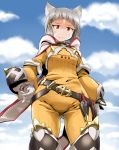  1girl angry animal_ears bangs blunt_bangs bodysuit cat_ears crotch eyebrows gloves highres hood looking_at_viewer niyah ribbon short_hair silver_hair simple_background solo takura_mahiro veins white_gloves xenoblade xenoblade_2 yellow_bodysuit yellow_eyes 