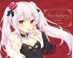  1girl 2018 :p artist_name azur_lane bangs bare_shoulders bekotarou black_dress black_ribbon blue_bow bow breasts bridal_gauntlets china_dress chinese_clothes cleavage closed_mouth commentary_request dress eyebrows_visible_through_hair fang fang_out fingernails hair_bow hair_ornament hair_ribbon heart heart_hair_ornament long_fingernails long_hair looking_at_viewer nail_polish pink_bow red_background red_eyes red_nails ribbon rose_background silver_hair sleeveless sleeveless_dress small_breasts smile solo tongue tongue_out twintails vampire_(azur_lane) very_long_hair 