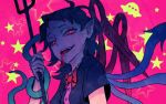  1girl ahoge asymmetrical_wings black_hair fangs forked_tongue glowing glowing_eyes houjuu_nue looking_at_viewer meimaru_inuchiyo pink_background pointy_ears polearm red_eyes short_hair slit_pupils snake solo star tongue tongue_out touhou trident weapon wings 