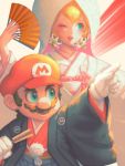  1boy 1girl bellhenge blonde_hair blue_eyes facial_hair fan gloves hat japanese_clothes kimono long_hair mario super_mario_bros. mustache nintendo nintendo_ead open_mouth princess_peach simple_background smile super_mario_bros. super_mario_odyssey 