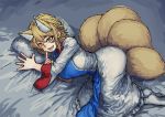  1girl :d animal_ears blonde_hair blush breasts chanta_(ayatakaoisii) eyebrows_visible_through_hair finger_to_mouth fox_ears fox_tail hair_between_eyes highres huge_breasts long_skirt long_sleeves looking_at_viewer lying multiple_tails on_bed on_side open_mouth pillow shirt short_hair shushing skirt slit_pupils smile socks solo tabard tail touhou white_legwear white_shirt white_skirt wide_sleeves yakumo_ran 