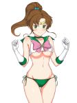  1girl bare_shoulders bikini bikini_bottom bishoujo_senshi_sailor_moon blush body_blush bow breasts brooch brown_hair choker clenched_hands closed_mouth collarbone cowboy_shot crop_top crop_top_overhang gem gloves gluteal_fold green_bikini_bottom green_choker green_eyes hands_up highres jchoy jewelry kino_makoto long_hair looking_at_viewer medium_breasts navel pink_bow ponytail sailor_jupiter shiny shiny_skin side-tie_bikini simple_background smile solo standing stomach swimsuit tareme thigh_gap under_boob w_arms white_background white_gloves 