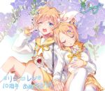  1boy 1girl artist_request blonde_hair blue_eyes blush brother_and_sister cat closed_eyes floral_background flower hair_flower hair_ornament hand_holding hand_on_own_stomach kagamine_len kagamine_rin kneehighs long_sleeves nail_polish number open_mouth pleated_skirt sailor_collar shirt short_hair shorts siblings signature sitting skirt sleeping suspenders twins vocaloid white_legwear white_shirt yawning yellow_nails yellow_shorts yellow_skirt 