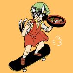  1girl :3 animal_ears black_hair brown_footwear cat_ears cat_tail chanta_(ayatakaoisii) chen earrings food green_hat hat highres holding holding_food jewelry legs_apart long_sleeves mob_cap multiple_tails nekomata orange_background red_skirt red_vest sanpaku shirt shoes short_hair simple_background skateboard skateboarding skirt slit_pupils socks solo sushi tail touhou tray two_tails vest white_legwear white_shirt 