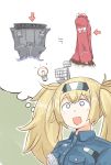  1girl blonde_hair blue_eyes blue_shirt breast_pocket breasts directional_arrow enjaku_izuku flat_chest gambier_bay_(kantai_collection) hair_ornament hands_together highres imagining japanese_clothes kantai_collection kariginu large_breasts light_bulb long_hair o_o open_mouth pocket red_shirt ryuujou_(aircraft_carrier) ryuujou_(kantai_collection) shirt solo twintails upper_body 