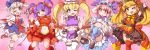  5girls :d :o ;d adapted_costume alternate_hairstyle bent_elbows bent_knees blush branch clenched_hands commentary_request eyebrows_visible_through_hair feet_out_of_frame fun_bo hands_up highres jeweled_branch_of_hourai junko_(touhou) looking_at_viewer magical_girl multiple_girls one_eye_closed open_mouth pink_background saigyouji_yuyuko smile standing standing_on_one_leg touhou v v_over_eye yagokoro_eirin yakumo_yukari yasaka_kanako 