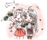  2girls ahoge black_hair black_skirt chibi closed_eyes commentary cowboy_shot fan hairband heart holding holding_fan japanese_clothes kantai_collection long_hair multiple_girls owju_(ouju) paper_fan pleated_skirt red_skirt shouhou_(kantai_collection) shoukaku_(kantai_collection) signature silver_hair simple_background skirt translation_request uchiwa white_background 