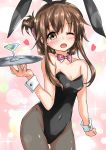  1girl animal_ears black_legwear black_leotard bow bowtie brown_eyes brown_hair bunny_girl bunny_tail bunnysuit commentary_request cowboy_shot cup destroyer detached_collar drinking_glass folded_ponytail harusame_nuko highres inazuma_(kantai_collection) kantai_collection leotard long_hair military military_vehicle one_eye_closed open_mouth pantyhose pink_neckwear rabbit_ears ship smile solo strapless strapless_leotard tail tray warship watercraft wine_glass wrist_cuffs 