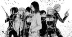  2girls 5boys armin_arlert connie_springer eren_yeager gun hand_in_pocket highres jean_kirchstein levi_(shingeki_no_kyojin) long_hair mikasa_ackerman monochrome multiple_boys multiple_girls sasha_braus shingeki_no_kyojin short_hair three-dimensional_maneuver_gear urn_allonge weapon 