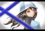  1girl blue_hat blue_jacket blurry_foreground brown_eyes brown_hair closed_mouth couai eyebrows_visible_through_hair finnish_flag from_side girls_und_panzer hat highres jacket keizoku_military_uniform light_smile long_hair looking_at_viewer mika_(girls_und_panzer) military military_uniform portrait raglan_sleeves solo standing track_jacket uniform white_background wind 