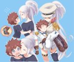  &gt;_&lt; 1boy 1girl age_difference blue_eyes blush breasts brown_hair carrying epaulettes estresia_(merc_storia) hat hetero imminent_kiss inuzumi kiss large_breasts long_hair merc_storia neil_(merc_storia) pink_eyes ponytail princess_carry shota skirt wavy_mouth white_hair 