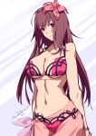  1girl absurdres arms_behind_back bangs bikini blush breasts chaoxi cleavage closed_mouth cowboy_shot dated eyebrows_visible_through_hair fate/grand_order fate_(series) flower hair_flower hair_ornament highres large_breasts long_hair looking_at_viewer navel pink_bikini purple_hair red_eyes sarong scathach_(fate/grand_order) scathach_(swimsuit_assassin)_(fate) see-through signature smile solo standing stomach swimsuit two-tone_background very_long_hair wristband 