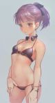  bikini black_bikini blush breasts cleavage cowboy_shot fate/grand_order fate_(series) halterneck headphones headphones_around_neck helena_blavatsky_(swimsuit_archer)_(fate) highres looking_at_viewer navel o-ring_top otsukemono parted_lips purple_hair short_ponytail simple_background small_breasts swimsuit unfinished violet_eyes 