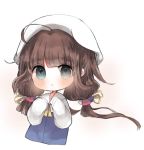  1girl :&lt; ahoge beret blue_dress blue_eyes blush brown_hair closed_mouth cottontailtokki cropped_torso dress hands_up hat hinatsuru_ai long_hair long_sleeves looking_at_viewer low_twintails ryuuou_no_oshigoto! school_uniform sleeves_past_fingers sleeves_past_wrists solo twintails upper_body very_long_hair white_background white_hat yellow_neckwear 