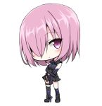  1girl bangs blush chibi closed_eyes elbow_gloves eyebrows_visible_through_hair fate/grand_order fate_(series) full_body gloves hair_over_one_eye hand_on_own_arm high_heels mash_kyrielight one_eye_covered pink_eyes pink_hair simple_background solo standing white_background yakitori_(yakitori06) 
