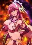  1girl :p angel_wings breasts crop_top cross feathered_wings gloves gradient_hair halo jibril_(no_game_no_life) large_breasts long_hair looking_at_viewer low_wings magic_circle midriff multicolored multicolored_eyes multicolored_hair navel no_game_no_life official_art orange_eyes pink_hair scythe sideboob solo symbol-shaped_pupils tattoo tongue tongue_out very_long_hair white_wings wing_ears wings yellow_eyes 