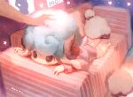  1boy artist_name blue_hair couch horns long_sleeves looking_up lying male_focus manino_(mofuritaionaka) on_stomach original petting sheep sheep_boy sleeping solo_focus star 