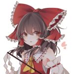  1girl :o artist_name bangs bare_shoulders blush bow dated detached_sleeves eyebrows_visible_through_hair frilled_bow frilled_hair_tubes frilled_shirt_collar frills gohei hair_bow hakurei_reimu heart holding large_bow long_hair looking_at_viewer parted_lips red_bow red_shirt ribbon-trimmed_sleeves ribbon_trim shirt sidelocks simple_background solo toriki touhou upper_body white_background 