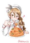  1girl brown_hair eating ebifurya food fork hat highres kantai_collection littorio_(kantai_collection) long_hair looking_at_viewer musical_note pasta ponytail quaver simple_background solo spaghetti twitter_username upper_body wavy_hair white_background 