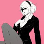  1girl blindfold breasts collared_shirt covered_eyes formal greyscale hairband koyorin mole mole_under_mouth monochrome nier_(series) nier_automata pantyhose pink_background shirt short_hair skirt_suit solo spot_color suit yorha_no._2_type_b 