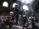  4girls agent_(girls_frontline) alchemist_(girls_frontline) arms_up baton_(instrument) black_dress black_gloves black_hair black_legwear bow_(instrument) breasts brown_eyes cello cishi_nianshao cleavage closed_eyes conductor curly_hair detached_sleeves double_bun dress eyepatch fingerless_gloves gas_mask girls_frontline gloves green_eyes hair_ornament hairclip highres holding hunter_(girls_frontline) instrument large_breasts long_hair long_sleeves maid maid_headdress medium_breasts midriff multiple_girls music playing_instrument rubble sangvis_ferri sangvis_ferri_android_(girls_frontline) scarecrow_(girls_frontline) short_sleeves silver_hair sitting standing straight_hair striped thigh-highs twintails violin window yellow_eyes 