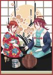  1boy 1girl absurdres ahoge closed_eyes cup father_and_daughter fire_emblem fire_emblem_if highres japanese_clothes kimono matoi_(fire_emblem_if) redhead tea teacup traditional_clothes tsubaki_(fire_emblem_if) 