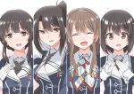  4girls ashigara_(kantai_collection) black_hair blush brown_eyes brown_hair closed_eyes fangs gloves haguro_(kantai_collection) hair_ornament hairband hairclip kantai_collection long_hair multiple_girls myoukou_(kantai_collection) nachi_(kantai_collection) open_mouth ototsu_kei remodel_(kantai_collection) short_hair side_ponytail uniform wavy_hair white_gloves 