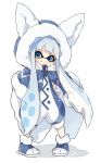  1girl animal_hood artist_name bangs blue_cape blue_eyes blue_footwear blue_hair blue_jumpsuit blunt_bangs cape closed_mouth commentary domino_mask full_body hands_on_hips hood hooded_cape inkling long_hair looking_at_viewer mask sen_squid shoes short_jumpsuit signature simple_background solo splatoon splatoon_1 standing tentacle_hair v-shaped_eyebrows white_background 
