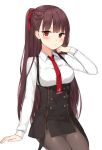  1girl arm_support bangs black_legwear black_skirt blunt_bangs blush braid breasts brown_hair canape_(canape0130) closed_mouth collared_shirt double-breasted eyebrows_visible_through_hair girls_frontline hair_ribbon half_updo hand_on_own_cheek highres long_hair looking_at_viewer medium_breasts necktie one_side_up pantyhose pout red_eyes red_neckwear ribbon shirt sidelocks simple_background sitting skirt solo strap tsundere very_long_hair wa2000_(girls_frontline) white_background white_shirt 