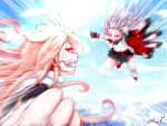  2girls action animal_ears azur_lane battle blonde_hair crossover fangs fingerless_gloves fingernails gloves glowing glowing_eyes hair_flaps hair_ornament highres kantai_collection long_hair motion_lines multiple_girls nail_polish namesake open_mouth pleated_skirt red_eyes remodel_(kantai_collection) school_uniform serafuku sharp_fingernails short_eyebrows signature silver_hair skirt tranquillity650 yuudachi_(azur_lane) yuudachi_(kantai_collection) 