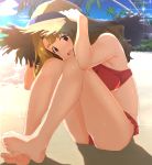  1girl barefoot bikini blush breasts brown_eyes brown_hair hat highres idolmaster idolmaster_million_live! lens_flare long_hair looking_at_viewer medium_breasts miyao_miya open_mouth red_bikini sitting sketch smile solo straw_hat swimsuit wattsu 