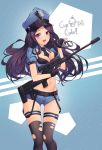  1girl :d belt between_breasts black_bra black_gloves black_legwear black_neckwear bra breast_hold breasts caitlyn_(league_of_legends) cleavage commentary crop_top cuffs cupcake denim denim_shorts english fingerless_gloves food gloves groin gun handcuffs hat highres holding holding_gun holding_weapon league_of_legends lee_seok_ho long_hair medium_breasts midriff navel necktie officer_caitlyn open_mouth peaked_cap police police_badge police_hat police_uniform policewoman purple_hair rifle scope shirt short_shorts short_sleeves shorts signature smile sniper_rifle solo standing stomach teeth thigh-highs thigh_strap torn_clothes torn_thighhighs underwear uniform violet_eyes weapon wing_collar 