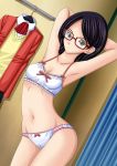  1girl armpits arms_behind_head bent_elbows black_hair breasts cleavage closed_mouth clothes_hanger collarbone commentary_request curtains glasses highres long_hair long_sleeves looking_at_viewer naruto navel panties red_blazer seraphina solo tan tanline uchiha_sarada underwear 