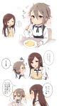  ...! /\/\/\ 2girls :d :t =_= absurdres ange_(princess_principal) apron bangs black_dress black_ribbon blue_eyes blush braid brown_apron brown_hair closed_eyes closed_mouth comic cup dorothy_(princess_principal) dress drinking_glass eating eyebrows_visible_through_hair flying_sweatdrops fork hair_between_eyes hair_ribbon head_tilt highres holding holding_fork long_hair merry_(168cm) multiple_girls open_mouth plate princess_principal ribbon school_swimsuit shirt smile swimsuit translation_request very_long_hair violet_eyes white_shirt 