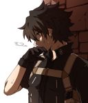  1boy alternate_costume black_gloves black_hair blue_eyes breath brick_wall bruise_on_face covered_mouth fate/grand_order fate_(series) fujimaru_ritsuka_(male) gloves male_focus shade short_sleeves simple_background solo sweat tachimori_fukura upper_body wall white_background 