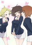  3girls :3 akiyama_yukari arms_behind_back bangs blonde_hair blue_jacket brown_eyes brown_hair closed_eyes closed_mouth commentary cowboy_shot erwin_(girls_und_panzer) eyebrows_visible_through_hair girls_und_panzer green_shirt hands_together imminent_kiss interlocked_fingers jacket leaning_forward long_sleeves looking_at_another messy_hair military military_uniform miniskirt multiple_girls nishizumi_miho ooarai_military_uniform open_mouth pleated_skirt pointy_hair shirt short_hair simple_background skirt smile standing uniform v_arms wata_do_chinkuru white_background white_skirt yuri 