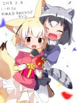  2girls :d ^_^ animal_ears arm_around_neck black_gloves black_hair black_neckwear black_skirt blonde_hair blurry blush bow bowtie box brown_eyes closed_eyes common_raccoon_(kemono_friends) confetti dated depth_of_field eyebrows_visible_through_hair fang fennec_(kemono_friends) fox_ears fox_tail fur_collar gift gift_box gloves grey_hair happy_birthday highres holding holding_gift hug hug_from_behind kemono_friends looking_at_viewer makuran miniskirt multicolored_hair multiple_girls open_mouth pantyhose party_popper pink_sweater pleated_skirt raccoon_ears raccoon_tail short_sleeves simple_background skirt smile sweater tail thigh-highs white_background white_gloves white_hair white_legwear yellow_legwear yellow_neckwear zettai_ryouiki 